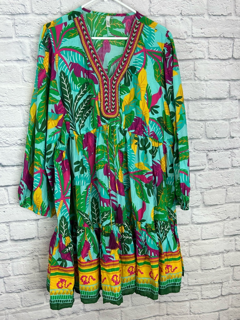 Kaktus XXL Tropical Floral Cotton Tiered Midi Dress Embroidered Beaded Boho